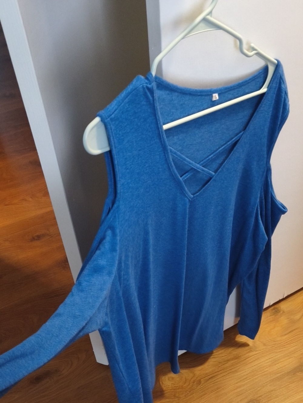 Blue Cold-Shoulder V-Neck Top with Crisscross Detail